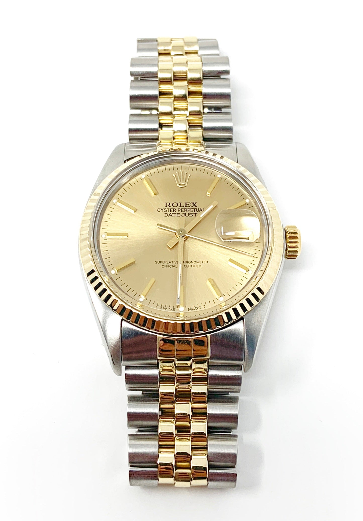 Rolex mens datejust 16013 (T.T) champagne stick dial & yellow gold fluted bezel - Luxury Diaz