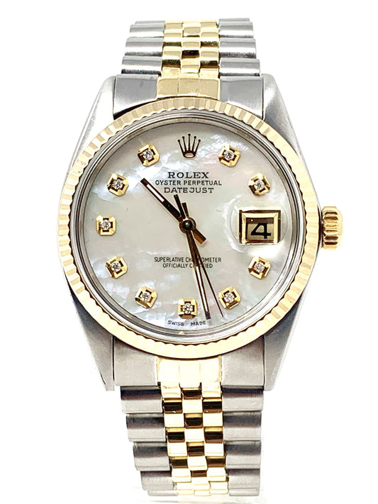 rolex mens datejust 16013 (T.T) fluted gold bezel & mother of pearl diamond dial - Luxury Diaz