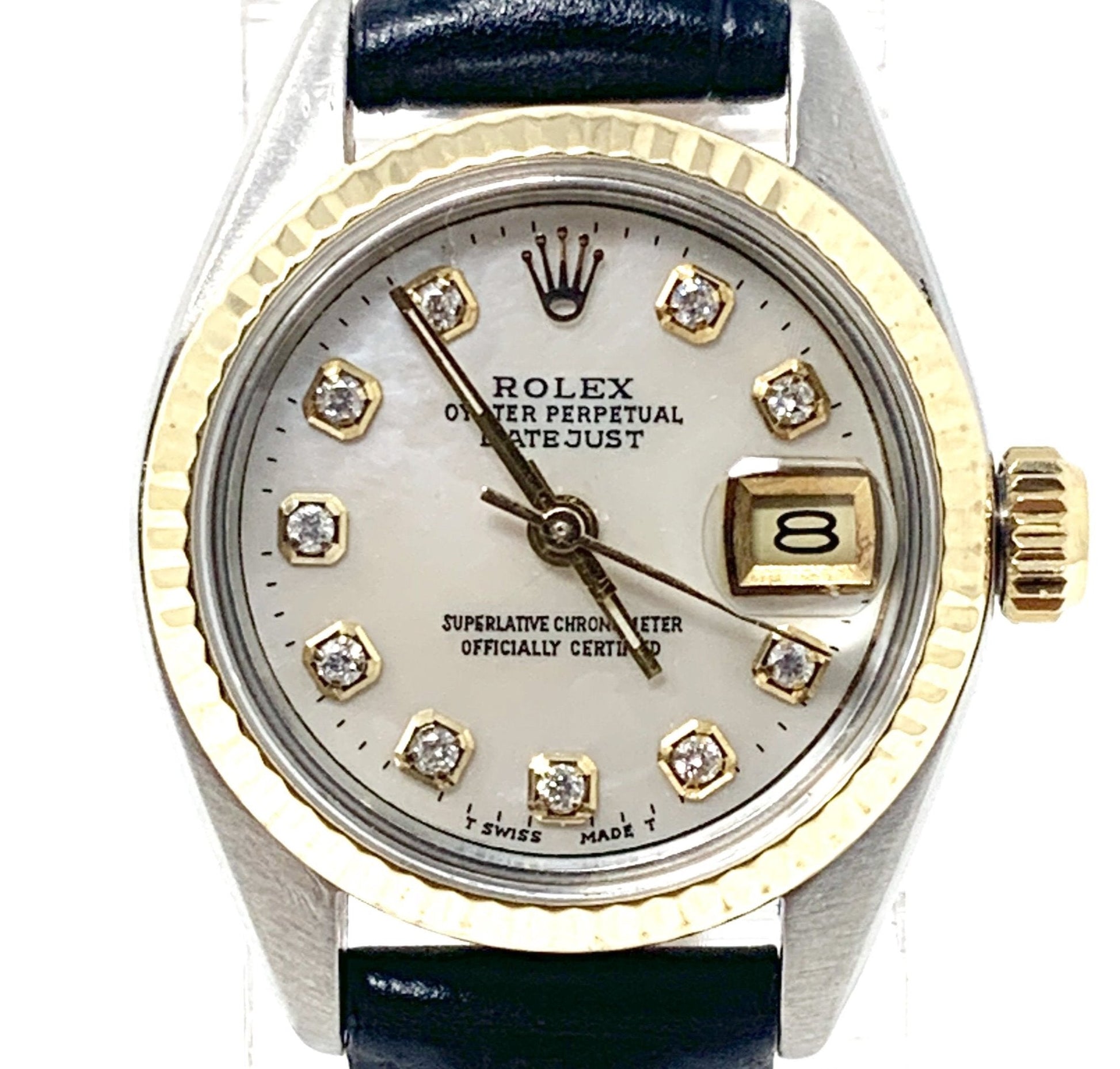 Rolex ladies datejust 6917 (T-T) yellow gold bezel & mother pearl diamond dial on leather band - Luxury Diaz