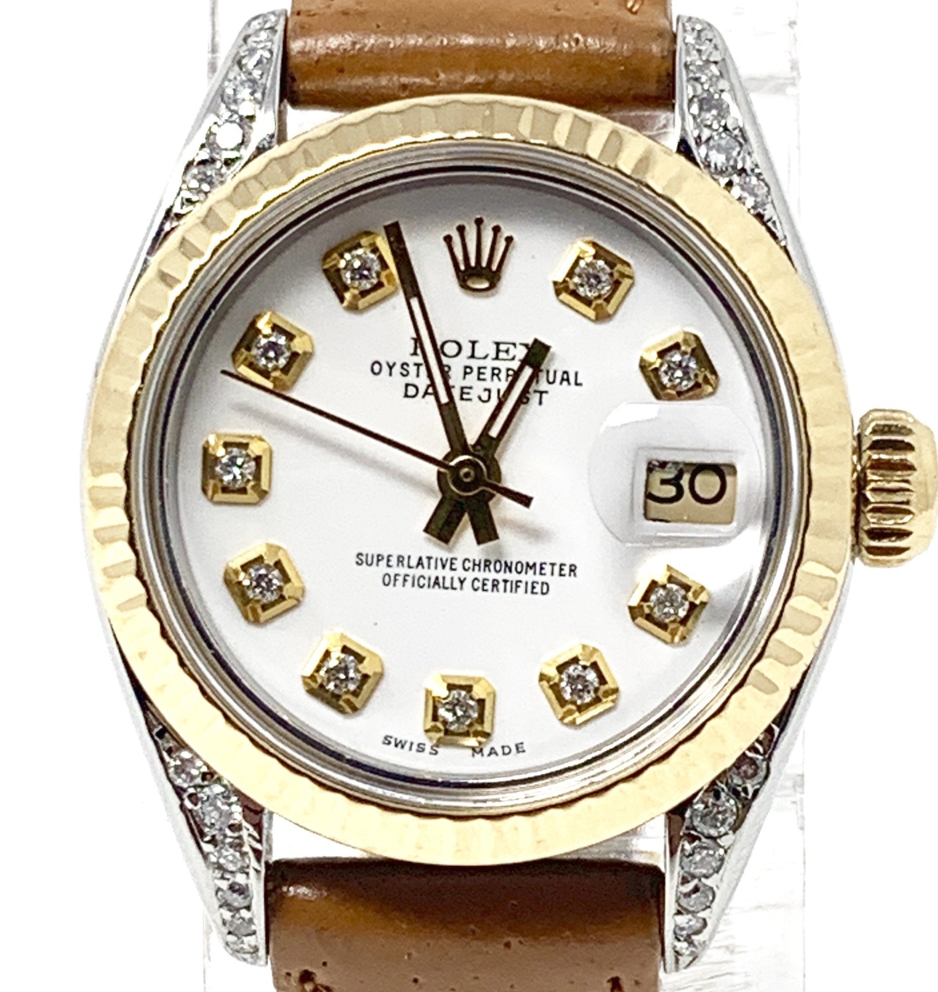 Rolex ladies datejust 6917 (T.T) yellow gold fluted & white diamond dial on brown leather - Luxury Diaz
