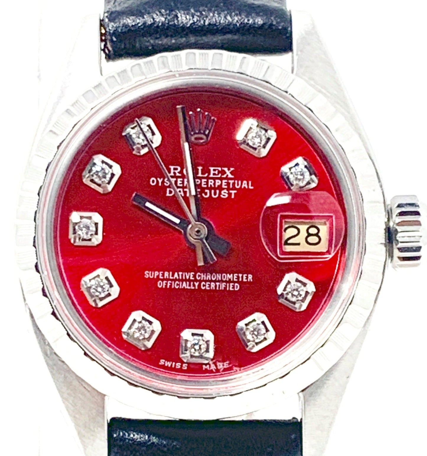 Rolex ladies 26mm Datejust 6516 Red Diamond on Black Leather