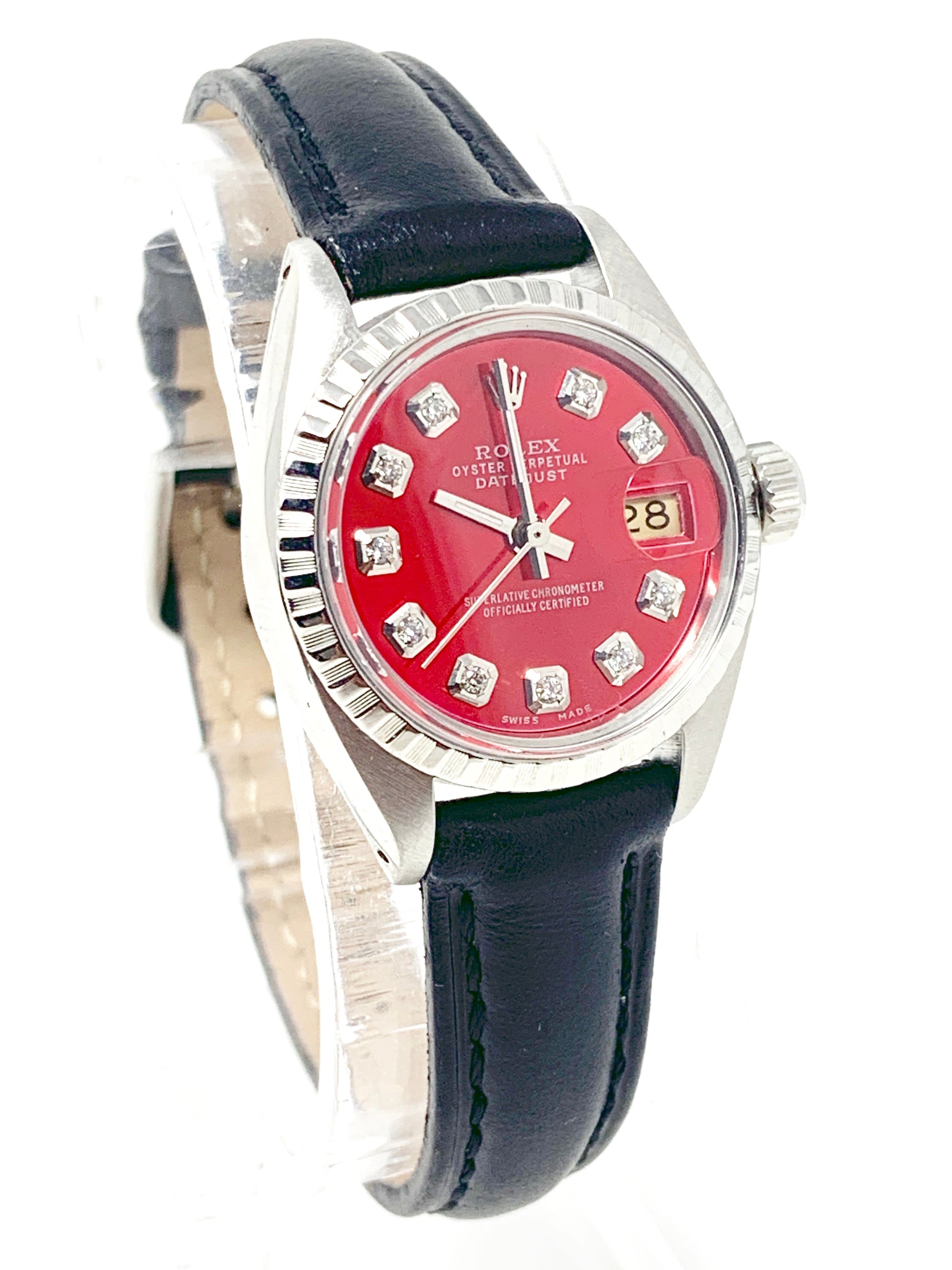 Rolex ladies datejust 6919 (S.S) engine turn steel bezel & red diamond dial on leather - Luxury Diaz