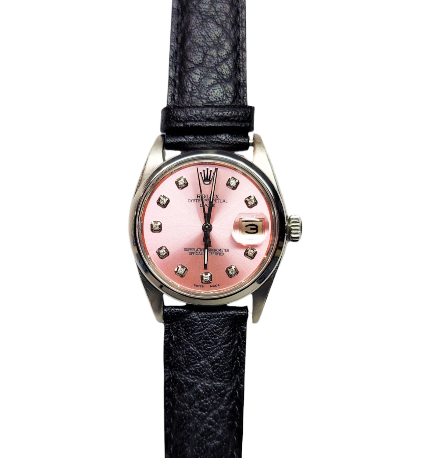 Rolex 34mm Date 1500 Pink Steel diamond on Leather