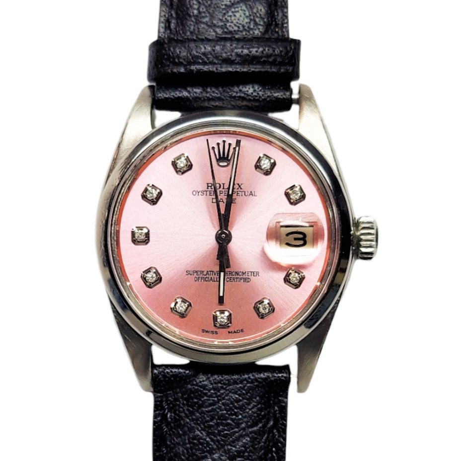 Rolex 34mm Date 1500 Pink Steel diamond on Leather