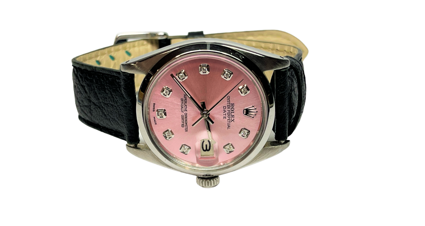 Rolex 34mm Date 1500 Pink Steel diamond on Leather